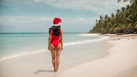 Beautiful Girl with long hair in a Santa hat against the background of the seaの素材
