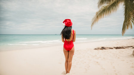Beautiful Girl with long hair in a Santa hat against the background of the seaの素材