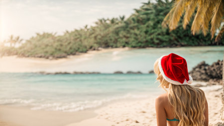 Beautiful Girl with long hair in a Santa hat against the background of the seaの素材