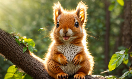 Cute squirrel on a branch in the forestの素材