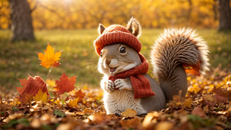 Cute cartoon squirrel in a clearing with autumn leavesの素材