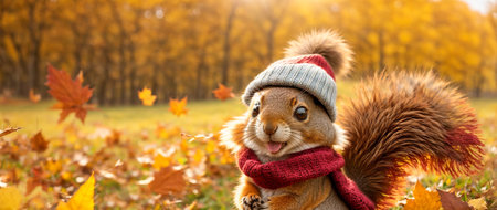 Cute cartoon squirrel in a clearing with autumn leavesの素材
