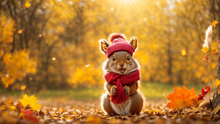 Cute cartoon squirrel in a clearing with autumn leavesの素材