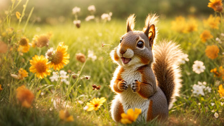 Cute cartoon squirrel in a clearing with flowersの素材