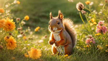 Cute cartoon squirrel in a clearing with flowersの素材