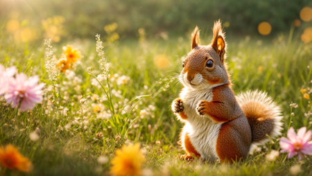 Cute cartoon squirrel in a clearing with flowersの素材