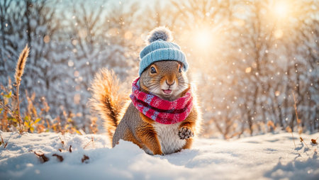 Cute cartoon squirrel in a winter clearingの素材