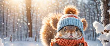 Cute cartoon squirrel in a winter clearingの素材