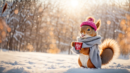 Cute cartoon squirrel, cup in a winter clearingの素材