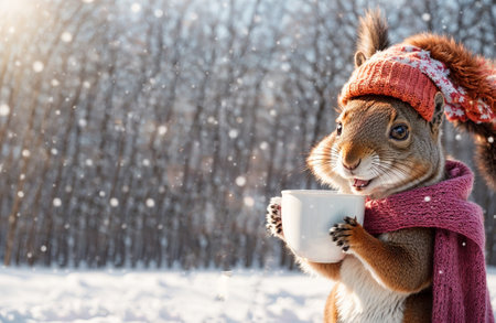 Cute cartoon squirrel, cup in a winter clearingの素材
