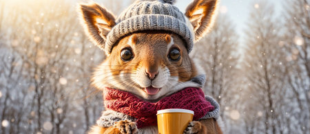 Cute cartoon squirrel, cup in a winter clearingの素材