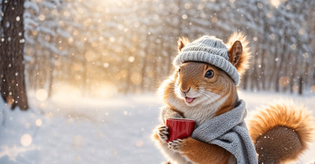 Cute cartoon squirrel, cup in a winter clearingの素材