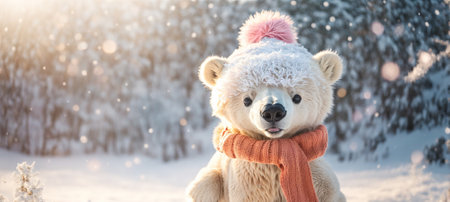 Cute cartoon santa bear on the snowの素材
