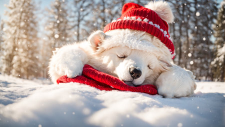Cute cartoon bear in a hat sleeps in the snowの素材