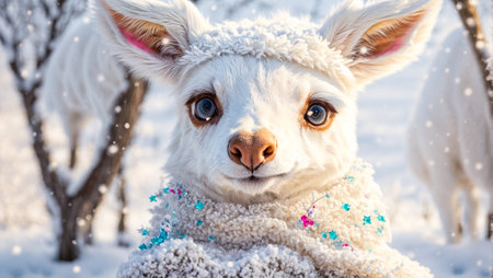 Cute cartoon deer in a scarf in the snowの素材
