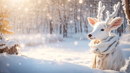 Cute cartoon deer in a scarf in the snowの素材