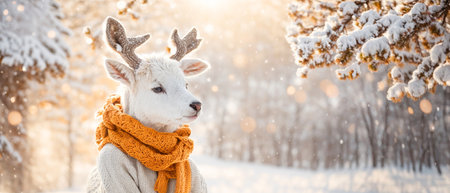Cute cartoon deer in a scarf in the snowの素材