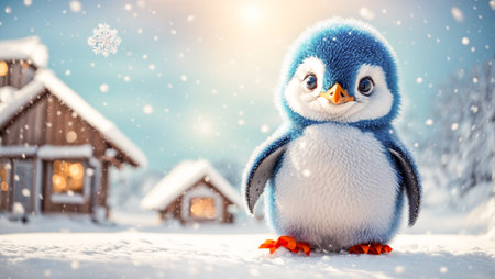 Cute cartoon penguin in a snowy meadowの素材