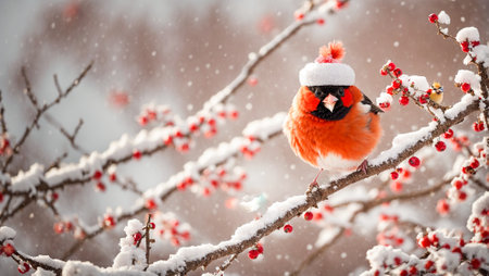 Cute funny cartoon bullfinch bird wearing a santa hat on a snowy branchの素材