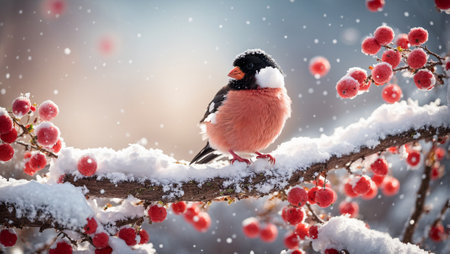 Cute funny cartoon bullfinch bird on a snowy branchの素材