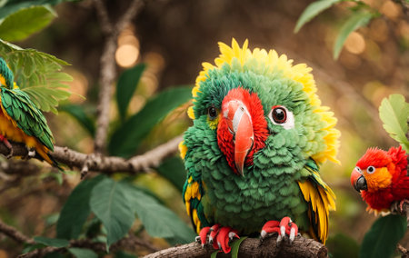 Cute funny cartoon parrot tropical leaves, flowersの素材