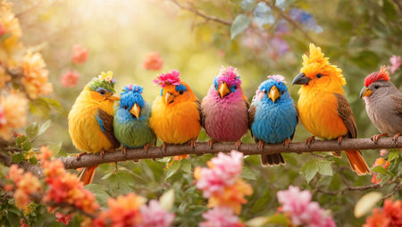 Cute funny tropical birds on a branch, leaves, flowersの素材