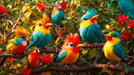Cute funny tropical birds on a branch, leaves, flowersの素材