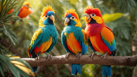 Cute funny tropical parrots on a branch, leaves,の素材