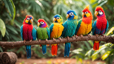 Cute funny tropical parrots on a branch, leaves,の素材