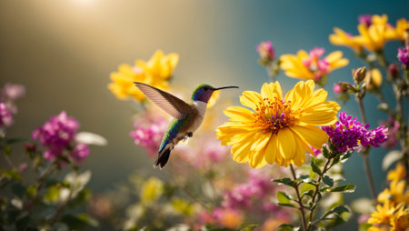 Beautiful hummingbird bird, flowersの素材