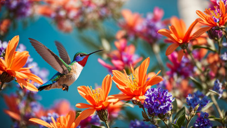 Beautiful hummingbird bird, flowersの素材