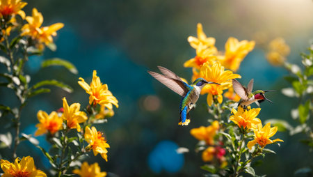 Beautiful hummingbird bird, flowersの素材