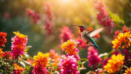 Beautiful hummingbird bird, flowersの素材
