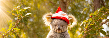 Cute cartoon koala wearing santa hat eucalyptus leavesの素材