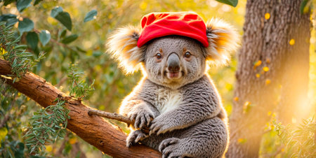 Cute cartoon koala wearing santa hat eucalyptus leavesの素材