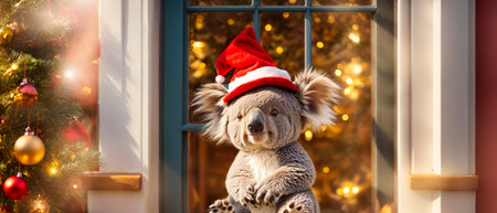 Cute cartoon koala wearing santa hat at homeの素材