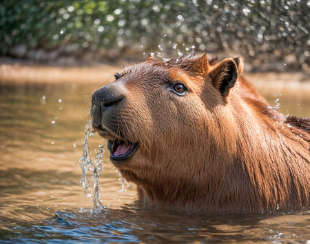 cute capybara bathes in the waterの素材