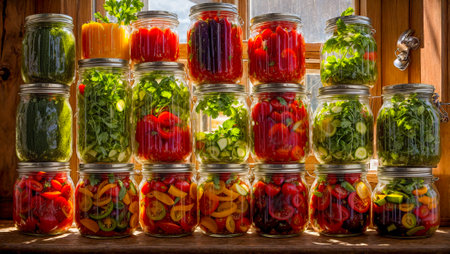 Canned various vegetables in glass jars on a kitchen backgroundの素材