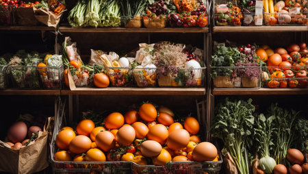 Various fresh vegetables and fruits on supermarket shelvesの素材