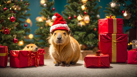 Cute capybara wearing santa hatの素材