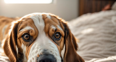 Dog lies on the bed in the bedroomの素材