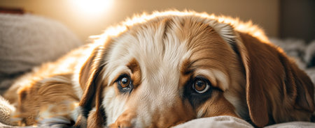 Dog lies on the bed in the bedroomの素材