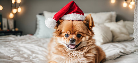 Dog wearing santa hat on bed in bedroomの素材