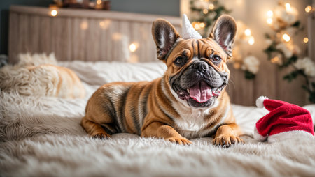 Dog wearing santa hat on bed in bedroomの素材