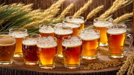 glasses with beer on a wooden background, ears of cornの素材