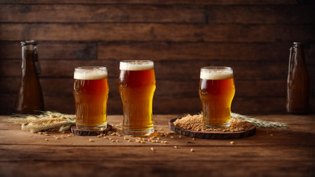 glasses with beer on a wooden background, ears of cornの素材