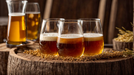 glasses with beer on a wooden background, ears of cornの素材