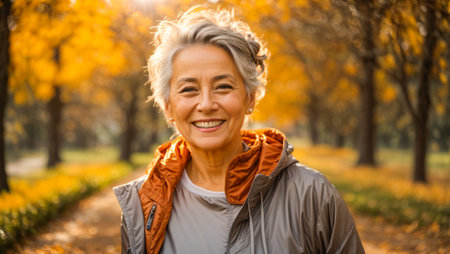 portrait of an elderly woman jogging, autumn parkの素材