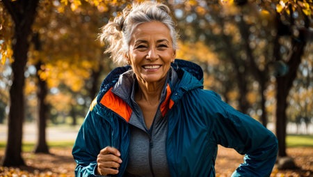 portrait of an elderly woman jogging, autumn parkの素材