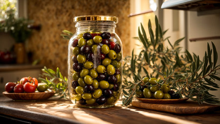 Olives in a glass jar in the kitchenの素材